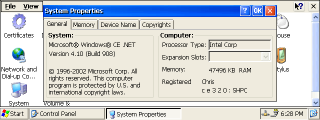 Windows CE .net 4.1 System Properties General